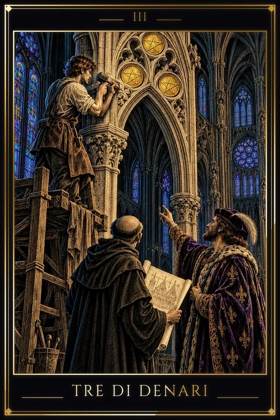 Tre di Denari tarot card — Minor Arcana