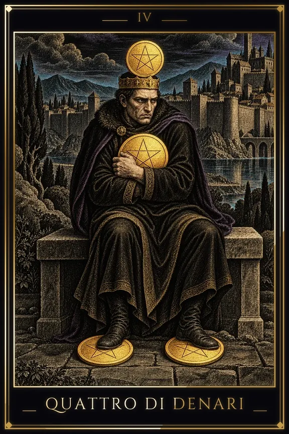Quattro di Denari tarot card — Minor Arcana
