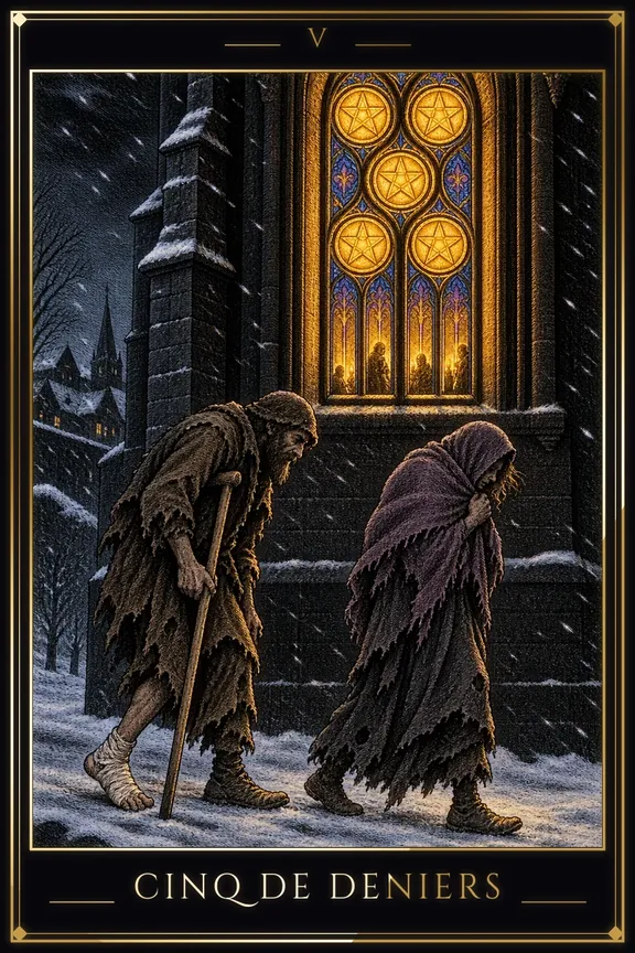 Cinq de Deniers tarot card — Minor Arcana