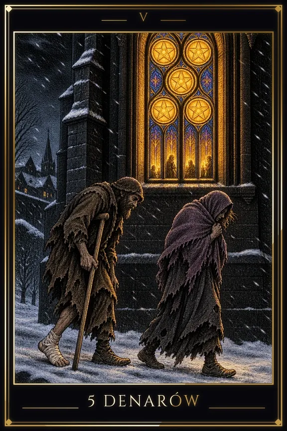 5 Denarów tarot card — Minor Arcana