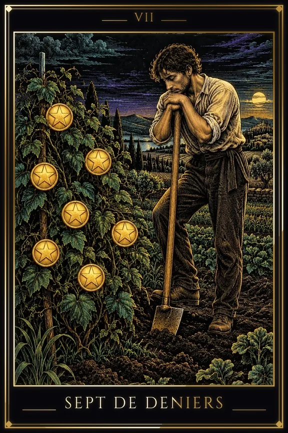 Sept de Deniers tarot card — Minor Arcana