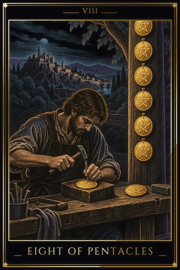 Eight of Pentacles tarot card — Minor Arcana