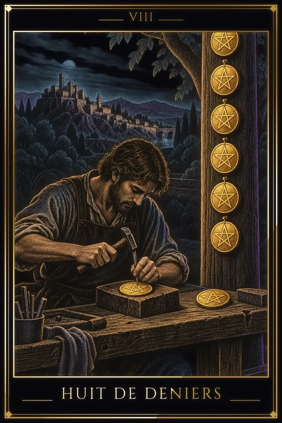 Huit de Deniers tarot card — Minor Arcana