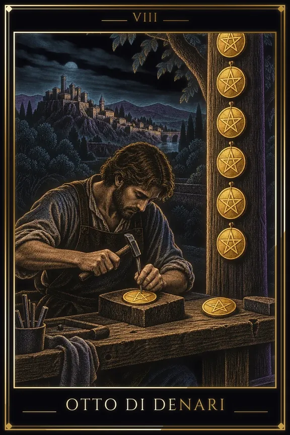 Otto di Denari tarot card — Minor Arcana