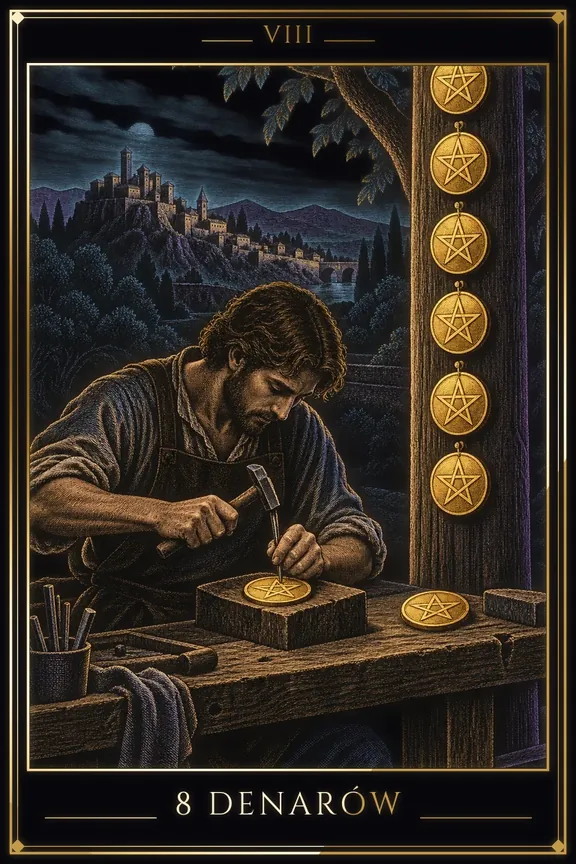 8 Denarów tarot card — Minor Arcana