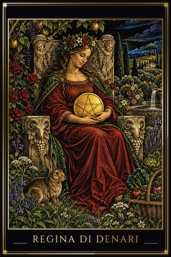 Regina di Denari tarot card — Minor Arcana