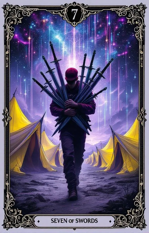 Sept d'Épées tarot card — Minor Arcana