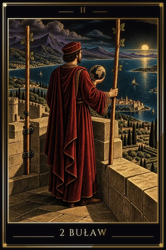 2 Buław tarot card — Minor Arcana