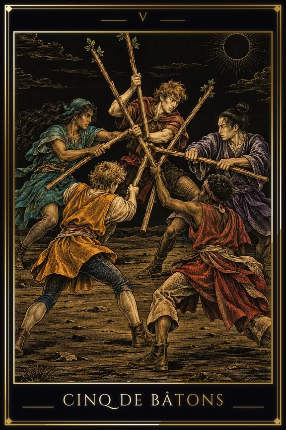 Cinq de Bâtons tarot card — Minor Arcana