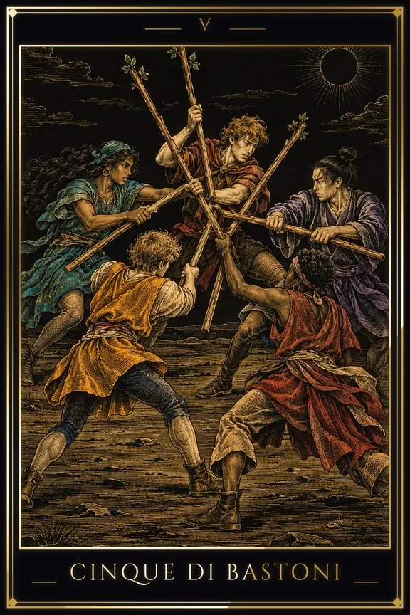 Cinque di Bastoni tarot card — Minor Arcana