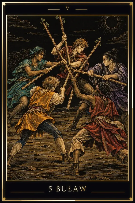 5 Buław tarot card — Minor Arcana