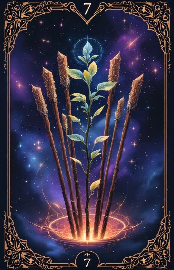 Sept de Bâtons tarot card — Minor Arcana