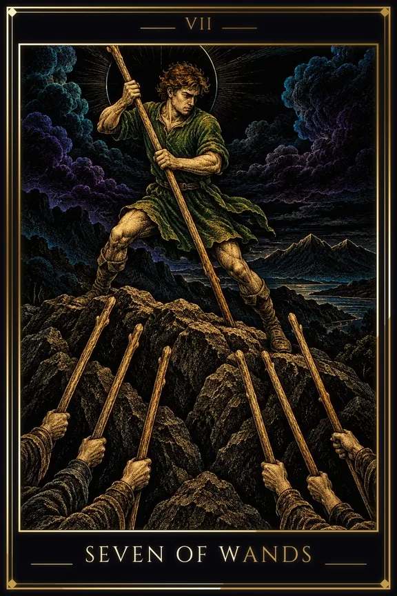 Seven of Wands tarot card — Minor Arcana