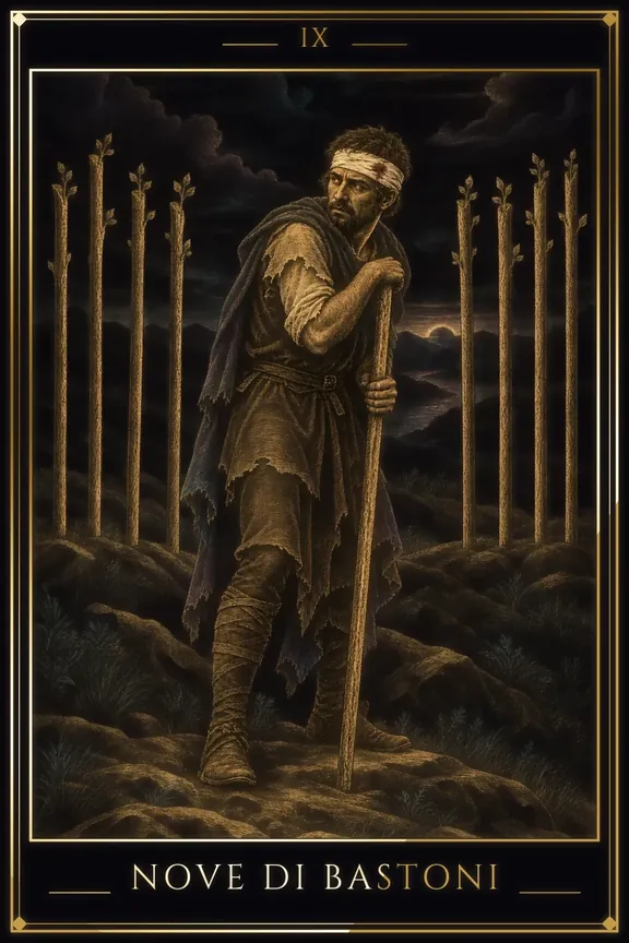 Nove di Bastoni tarot card — Minor Arcana