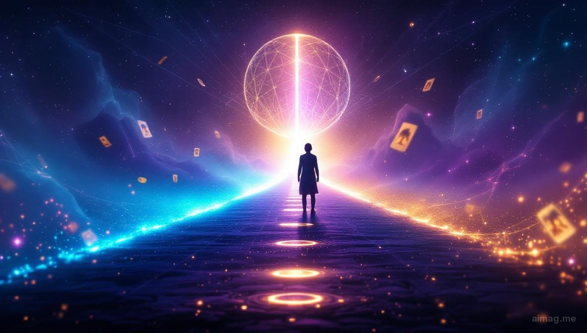 Five tarot cards arranged in a V-shape on a dark surface with two distinct paths of candlelight diverging from a central point