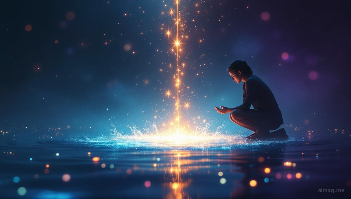 Lśniący złoty kielich przelewający się krystaliczną wodą pod delikatnym niebem o świcie, pięć strumieni łapiących pierwsze promienie światła, spływających do spokojnego jeziora otoczonego białymi kwiatami lotosu