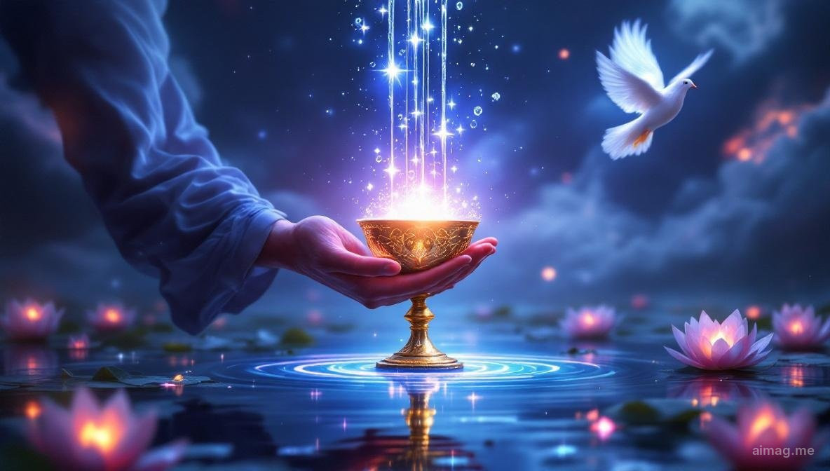 Ace of Cups tarot card — a golden chalice overflowing with five streams of water, held by a hand emerging from a cloud above a lotus-covered lake