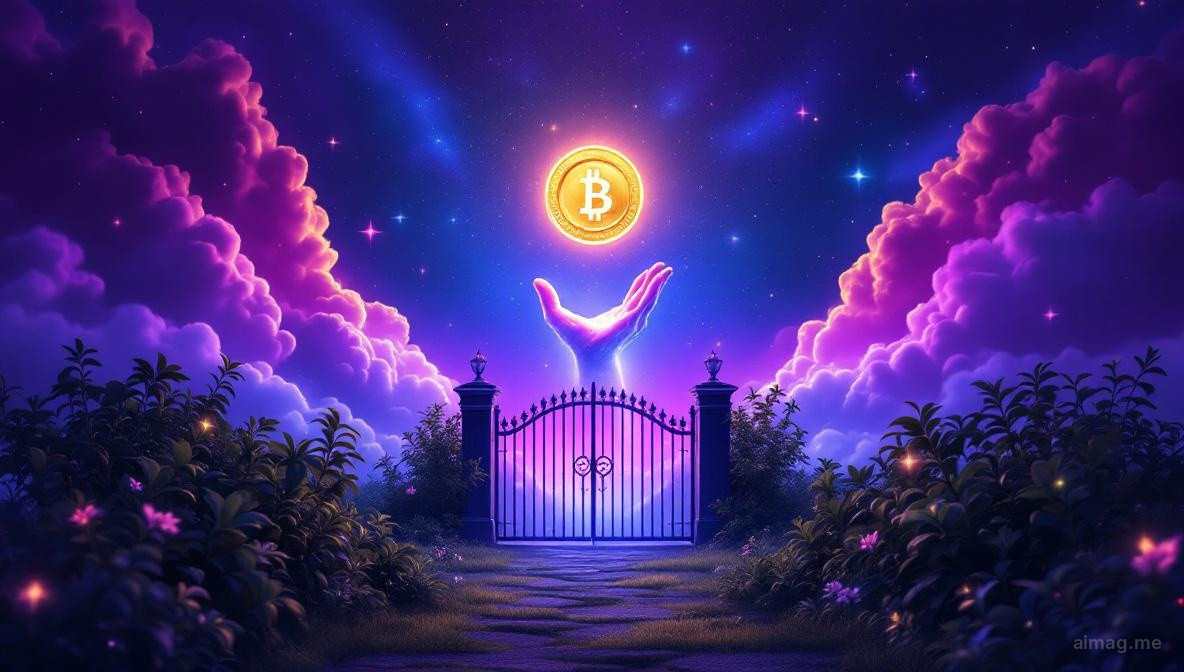 Pojedyncza złota moneta spoczywa na bogatej ciemnej ziemi pod łukowatą bramą ogrodową, poranne światło łapie jej powierzchnię, a wokół wyrastają zielone pędy