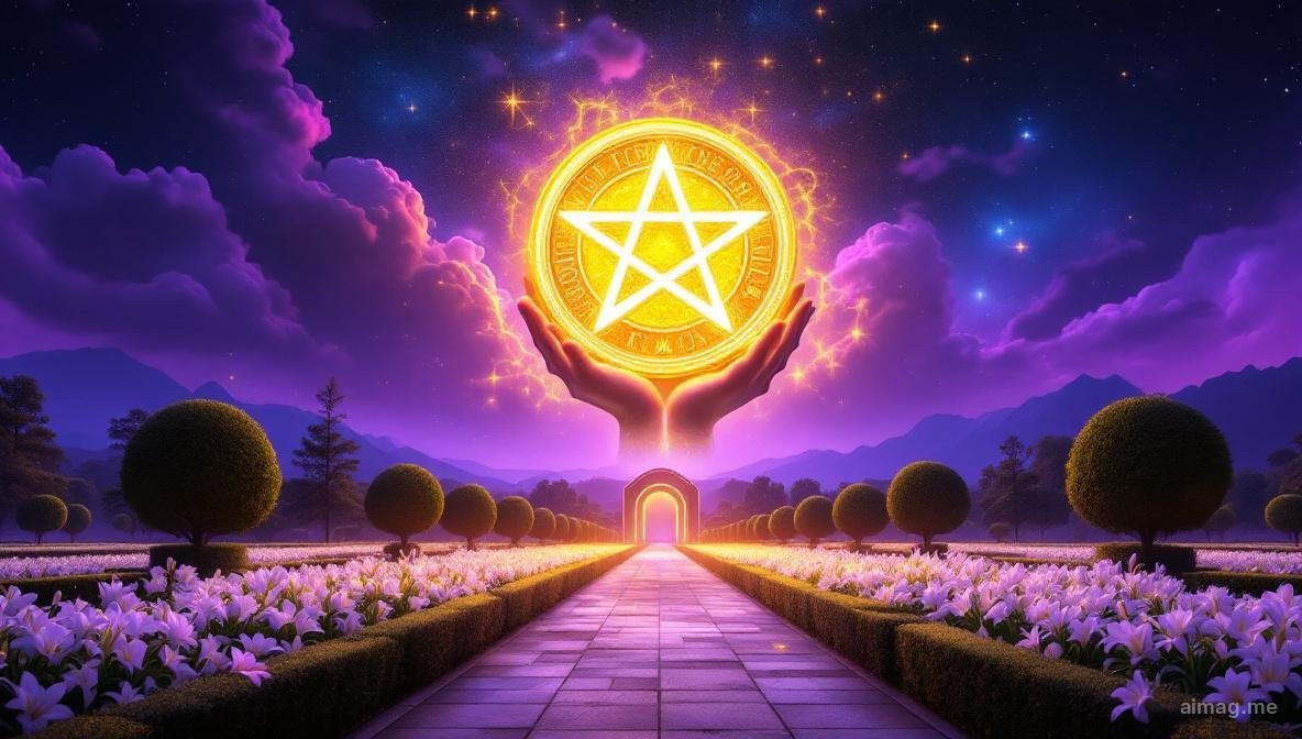 Ace of Pentacles tarot card — a divine hand emerges from clouds holding a large golden pentacle above a lush formal garden with an archway leading to distant mountains