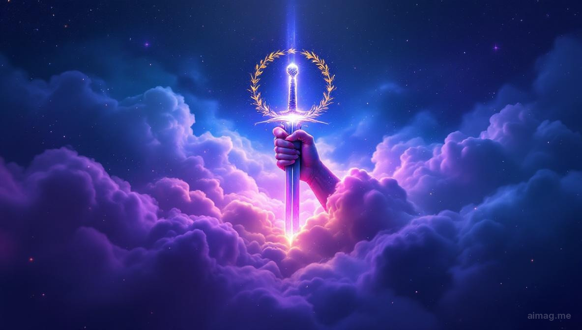 Pojedynczy miecz przebijający ciężkie chmury burzowe w kierunku jasnego światła słonecznego, z laurowym wieńcem balansującym na czubku