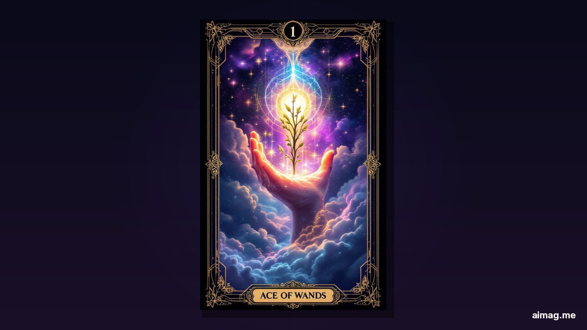 Ace of Wands tarot card — a pale hand emerges from a grey cloud gripping a living wooden wand sprouting green leaves, yod-shaped sparks drifting down over a fertile landscape with rolling hills and a distant castle