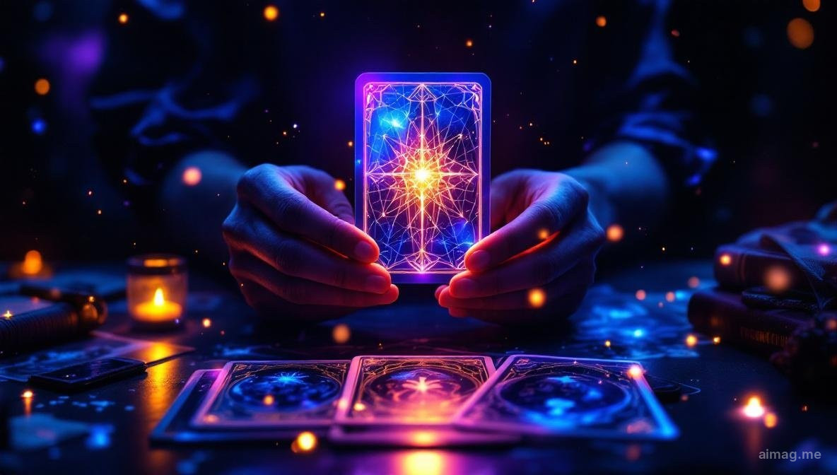 A tarot card illuminated by soft digital light with subtle circuit patterns blending into traditional symbolism, representing the fusion of technology and ancient wisdom