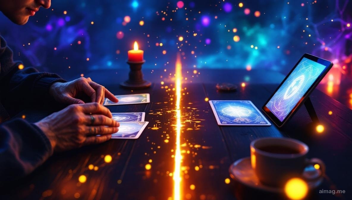 Split composition showing a human hand placing tarot cards on one side and a softly glowing digital interface on the other, both illuminating the same symbolic imagery