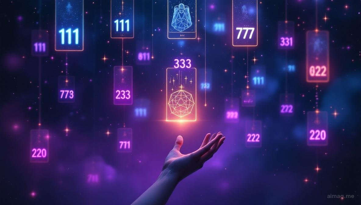 Luminous repeating numbers floating in a dark cosmic space with tarot card silhouettes emerging from between the digits