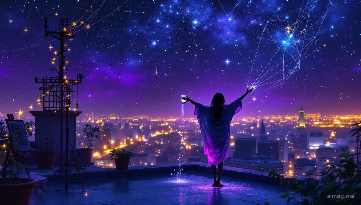 The Star tarot card with a figure pouring water under a vast night sky, the Aquarius constellation glowing overhead, suggesting vision and humanitarian purpose