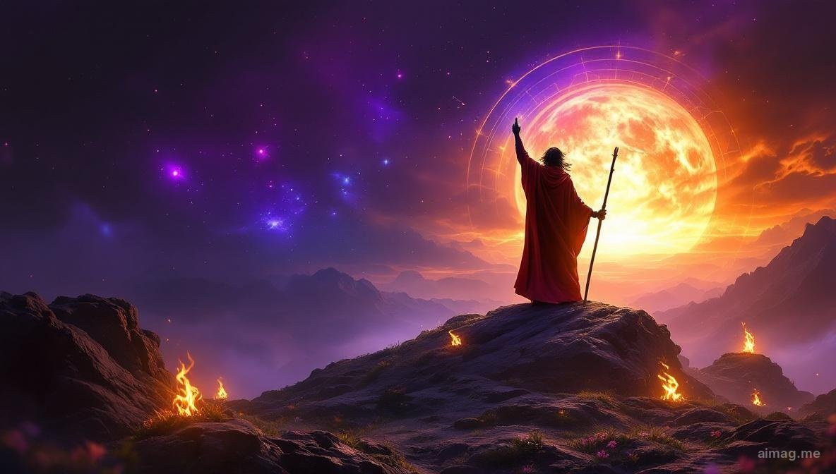 The Emperor tarot card surrounded by symbols of fire and spring energy, with the Aries ram constellation subtly visible in the background