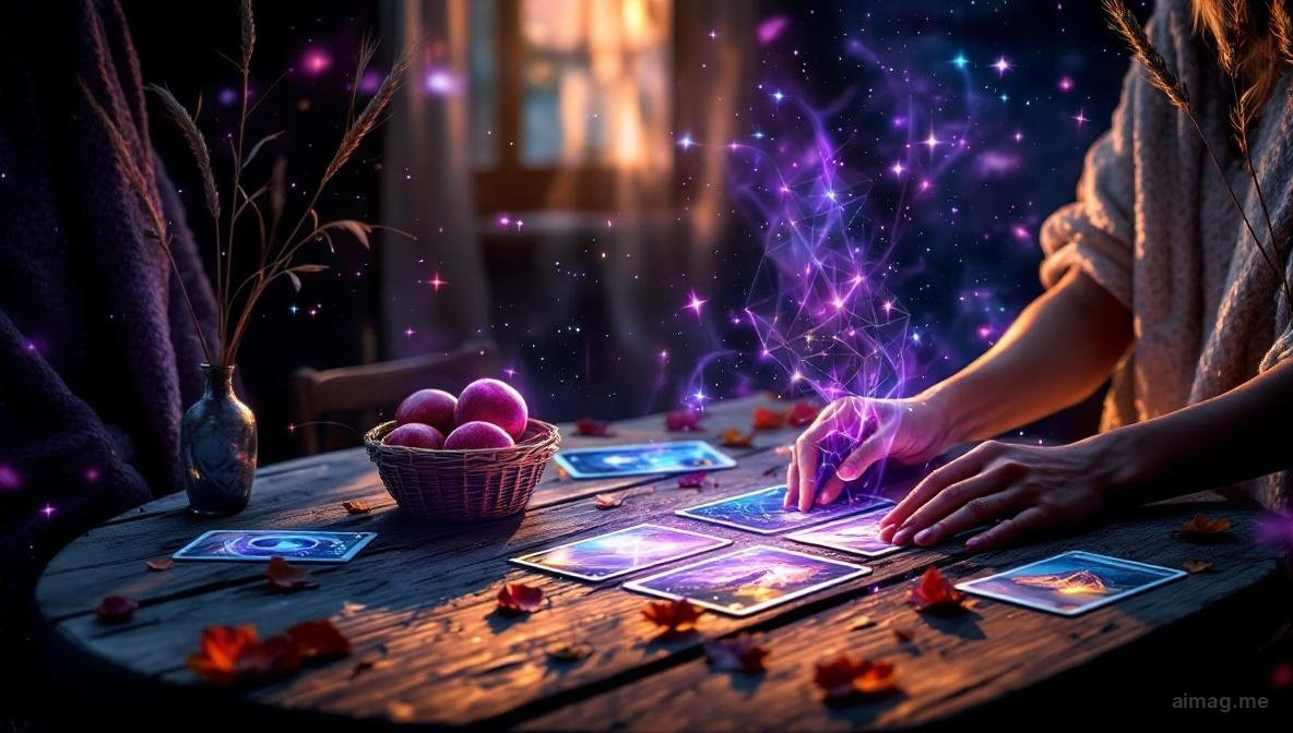 Tarot cards arranged among autumn leaves and harvest elements on a warm rustic surface with amber afternoon light