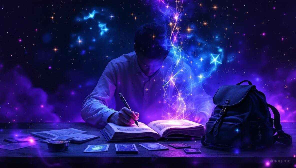 Tarot cards arranged on a desk beside textbooks, notebooks, and a coffee cup, warm study lighting creating an atmosphere of focused learning