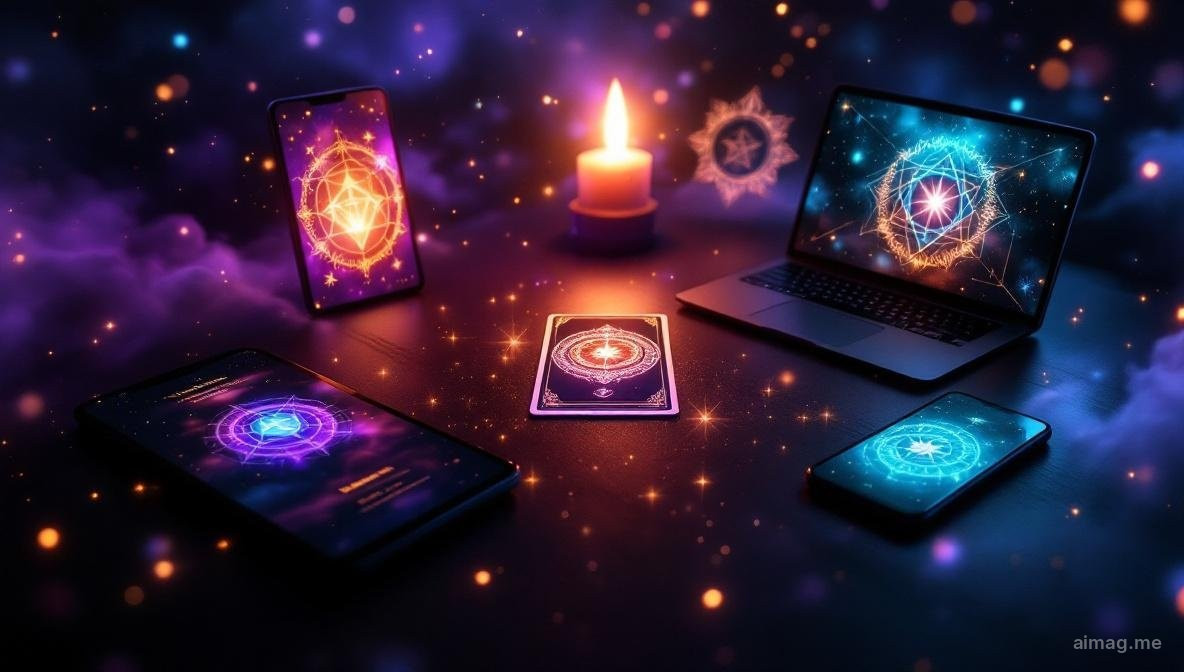 Five devices on a dark desk each showing a different tarot reading interface, with a physical tarot card lying at the center for comparison