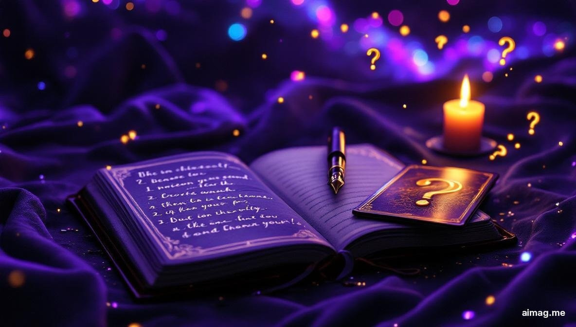 A journal open next to a tarot spread on a dark table, a pen resting on a page with handwritten questions, warm ambient lighting