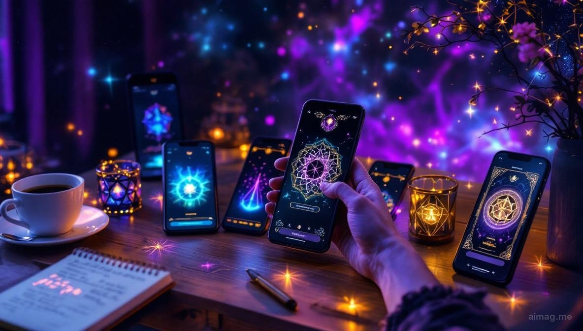 Several smartphone screens showing different tarot app interfaces arranged on a warm wooden surface with soft morning light