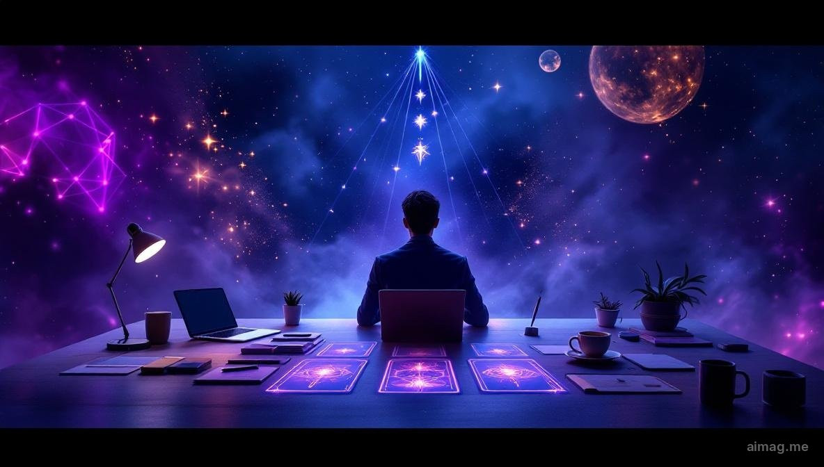 Tarot cards arranged in a structured vertical pattern suggesting professional growth and direction, with warm amber tones evoking purposeful career reflection