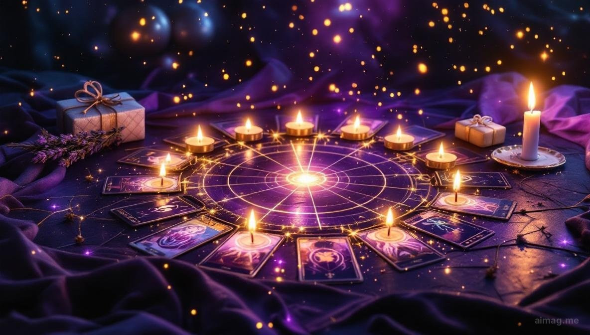 Karty tarota ułożone w okrąg jak zegar na ciemnej powierzchni z ciepłym światłem świecy, sugerujące cykliczną naturę osobistych lat i urodzinowej refleksji