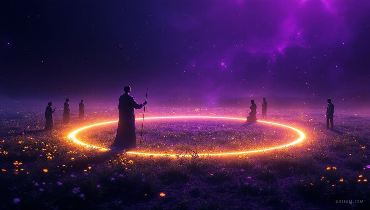 A stone wall with a single open gate in a garden at dusk, warm light glowing through the gate opening while the wall itself is covered in climbing roses