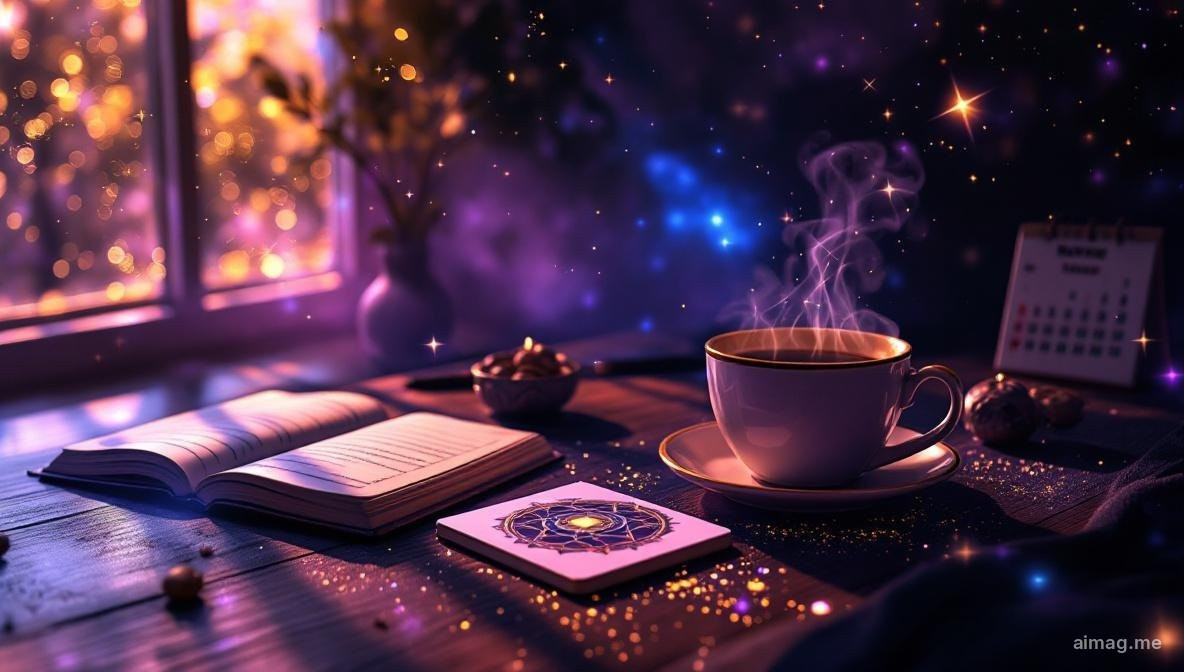 Karta tarota obok porannej kawy i otwartego dziennika na stole w promieniach słońca