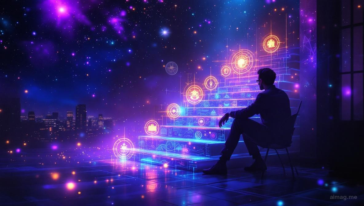 Eight tarot cards arranged in a strategic grid pattern on a dark leather surface with a fountain pen and notebook, suggesting executive clarity and thoughtful planning