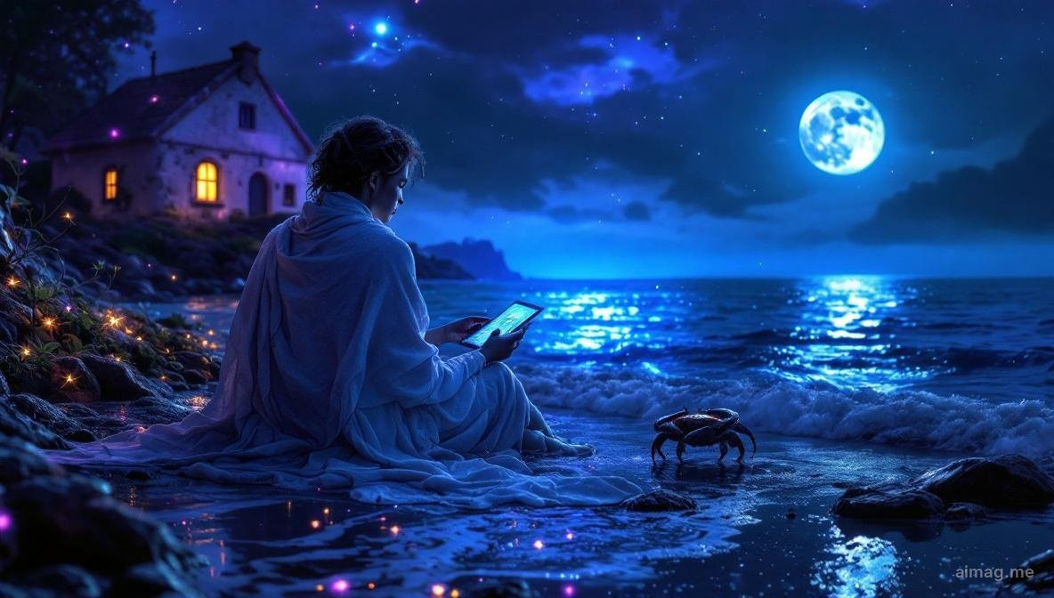 The Chariot tarot card bathed in moonlight with the Cancer crab constellation visible in silvery water reflections, suggesting emotional strength and protective determination