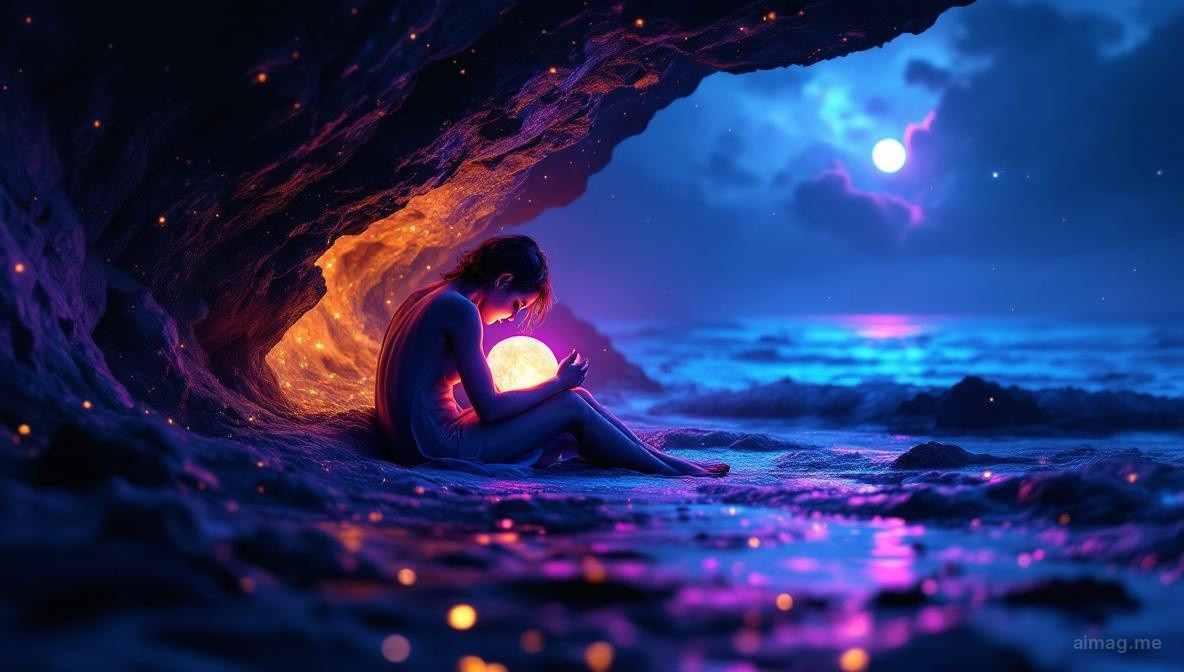 Karty tarota ułożone na parapecie ze światłem księżyca przenikającym przez tiulowe zasłony i małą miseczką wody odbijającą srebrne światło, przywołujące księżycową emocjonalną głębię sezonu Raka