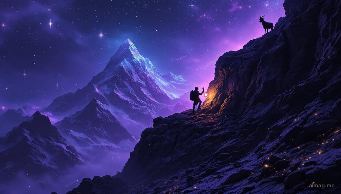 The Devil tarot card reimagined in dark mountain tones with Saturn rings and the Capricorn sea-goat constellation woven into a stark winter summit