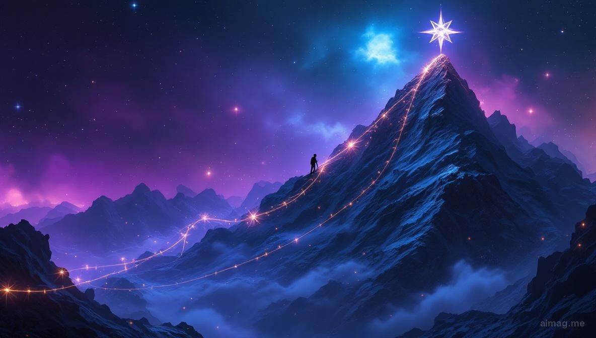 Pojedyncza karta tarota stojąca pionowo na ciemnym kamiennym gzymsie z widokiem na zimowy górski krajobraz o świcie, z pokrytymi szronem krawędziami łapiącymi pierwsze światło, przywołująca surową ambicję sezonu Koziorożca