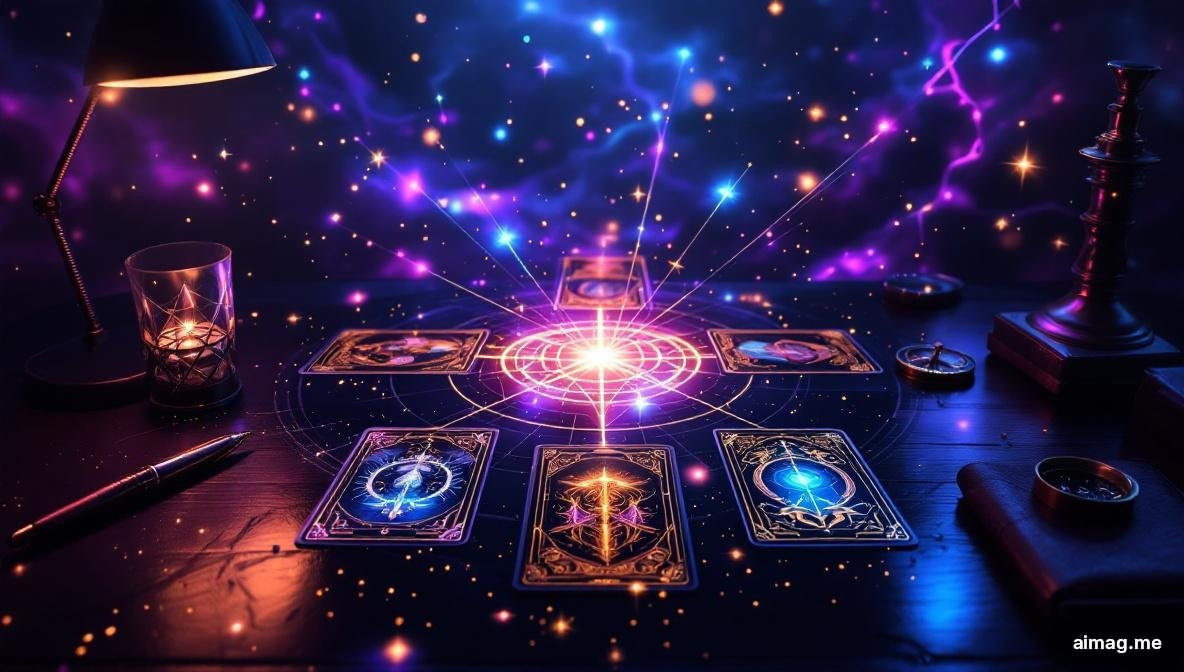 Karty tarota ułożone w uporządkowany układ na ciemnym biurku obok notesu i pióra, sugerujące profesjonalną jasność i podejmowanie decyzji zawodowych