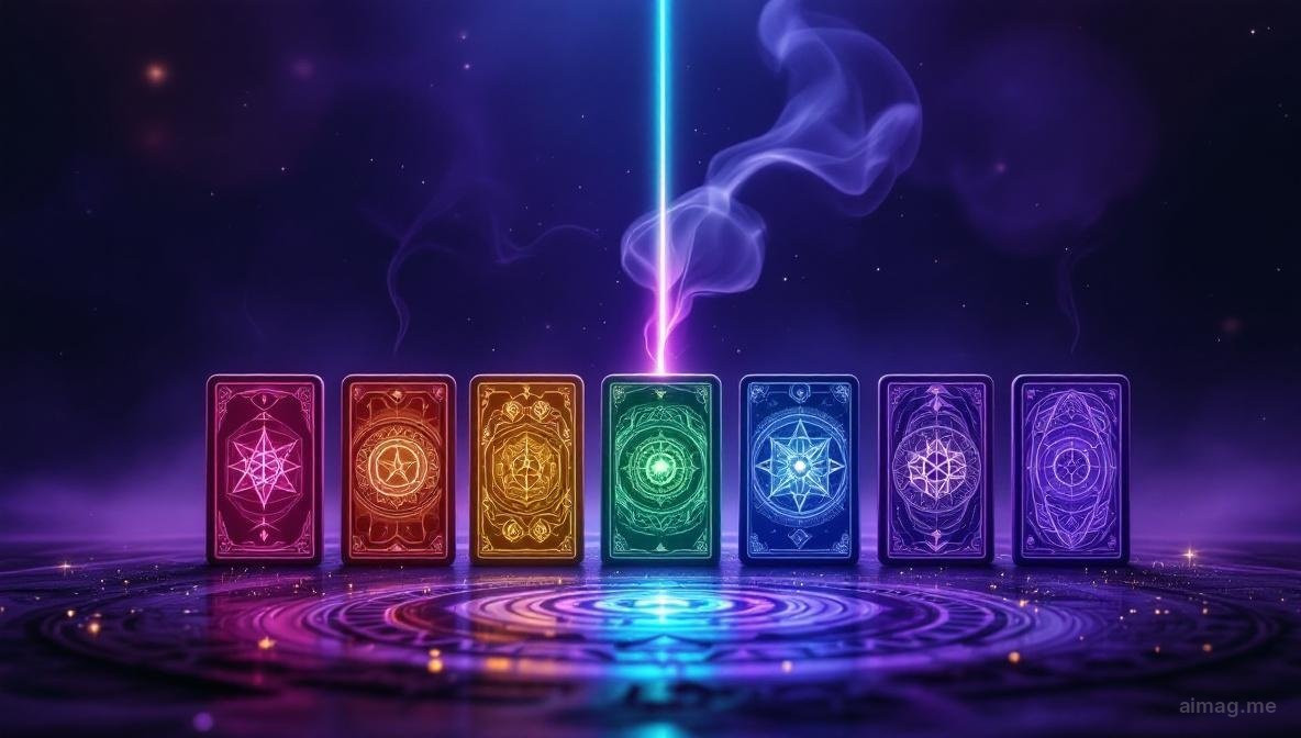 Seven tarot cards arranged vertically in a column on a dark surface with each card glowing a different warm color from red at the base to violet at the top, representing the seven chakra energy centers