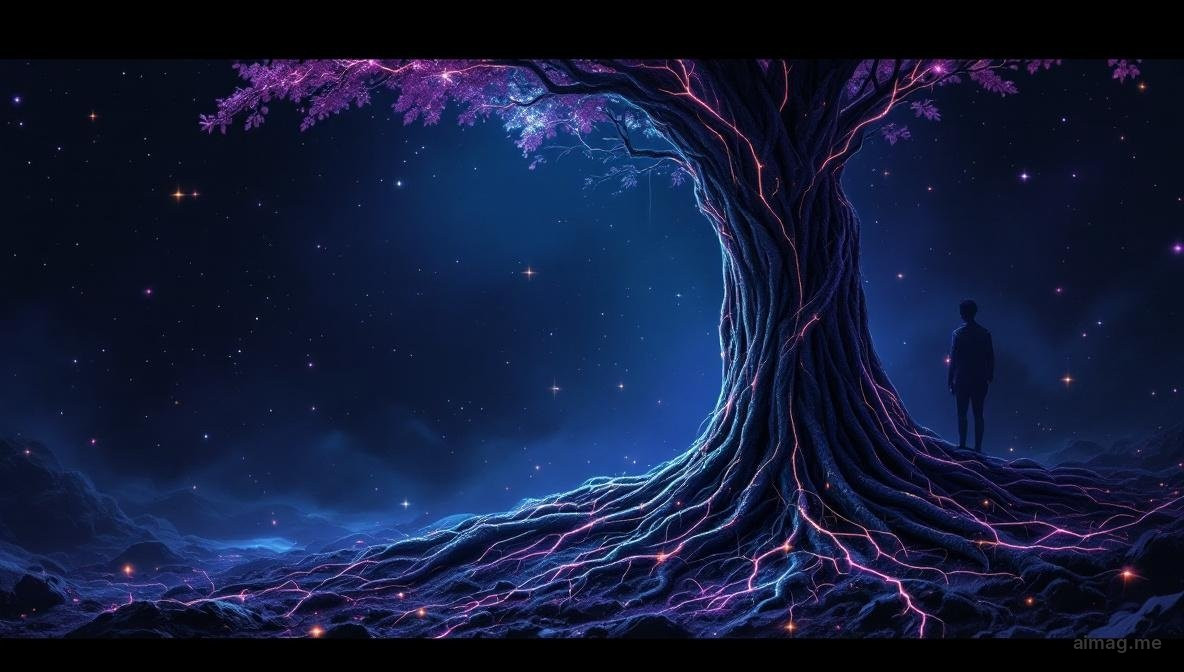 Two intertwined vines growing around a single stake, one green and thriving, the other pale and wilting, casting a single merged shadow on a stone wall