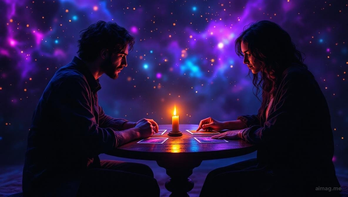 Two people sitting across from each other at a candlelit table, their hands both resting near a small tarot spread between them, warm golden light creating an intimate atmosphere