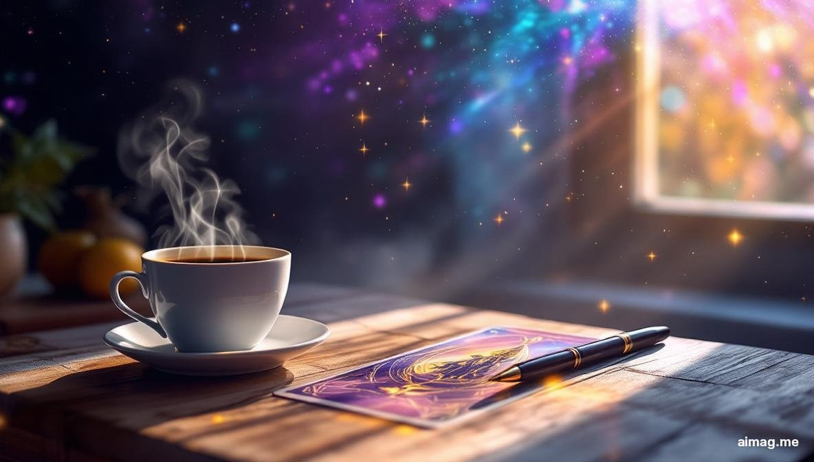 A single tarot card drawn face-up on a clean wooden desk beside a steaming cup of coffee in morning light, creating a calm daily ritual atmosphere