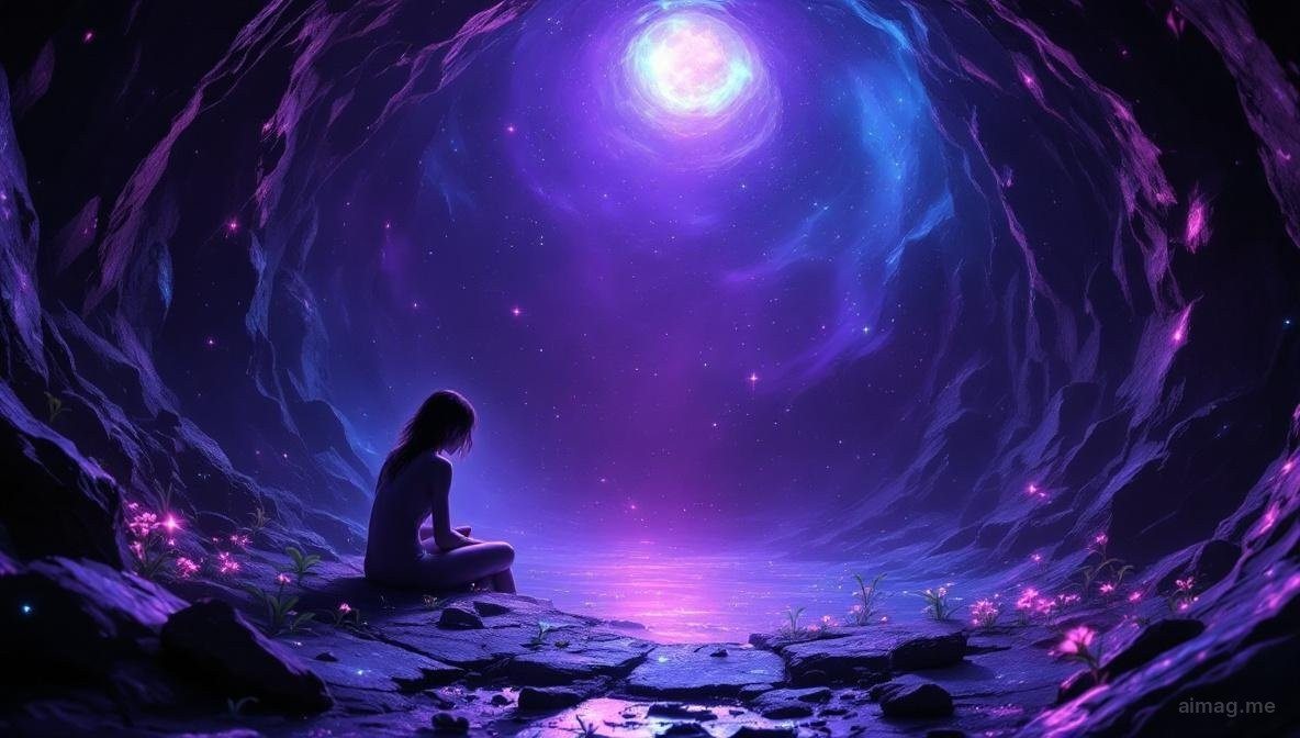 A lone figure standing at the edge of a dark forest path lit by a distant faint star, tarot cards scattered on the ground behind them glowing faintly